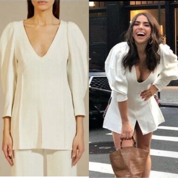 KHAITE Jenny White Woven Puff Shoulder Long Sleeve Top Long Shirt